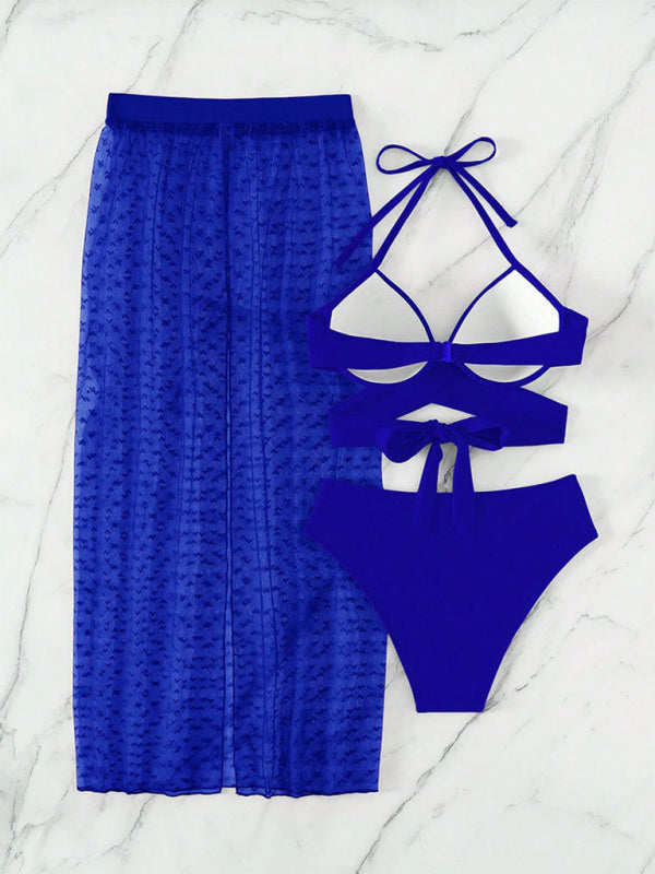Solid Color Bikini Three-Piece Set with Sheer Mesh Skirt – Sexy & Stylish