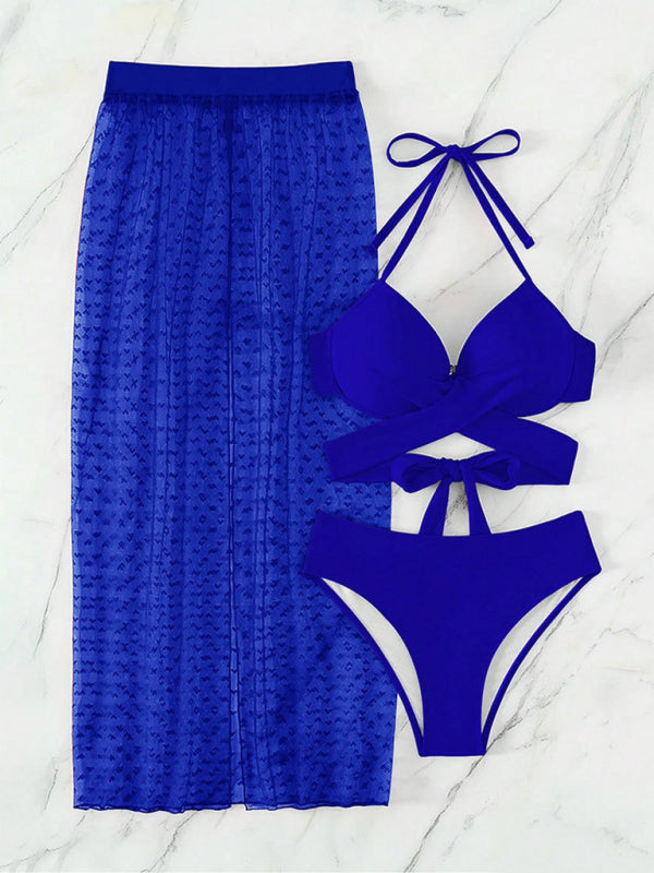 Solid Color Bikini Three-Piece Set with Sheer Mesh Skirt – Sexy & Stylish