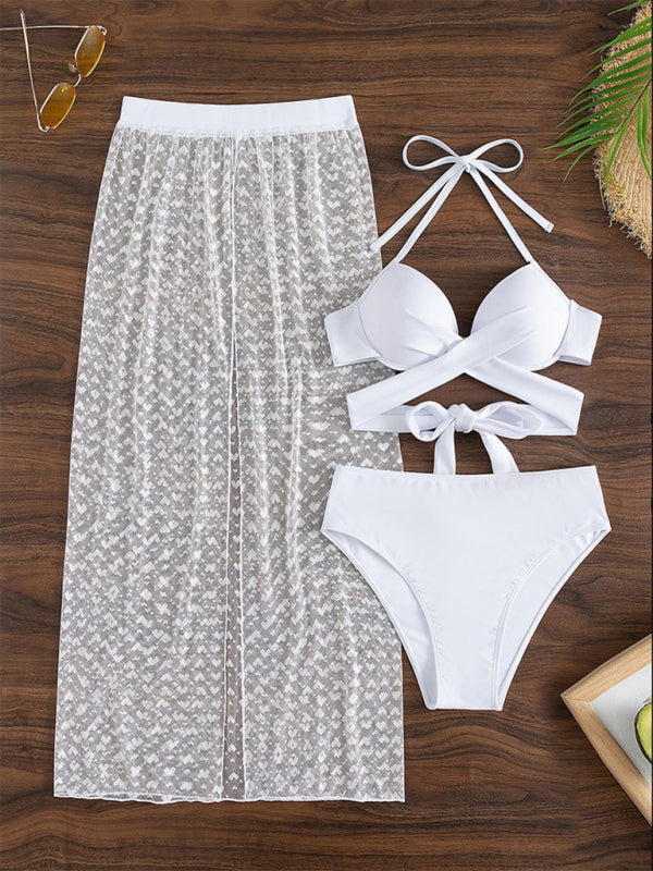 Solid Color Bikini Three-Piece Set with Sheer Mesh Skirt – Sexy & Stylish
