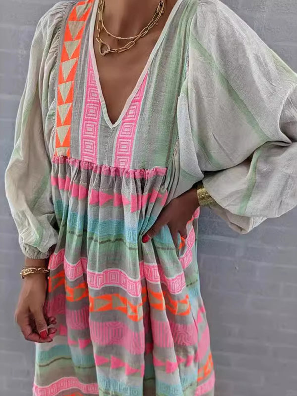 Colorful Deep V-neck Puff Sleeve Pullover Dress - Lightweight Spring Casual Midi