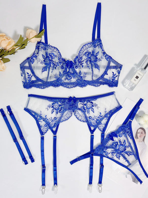 Embroidered Sheer Lingerie Set with Belt – Sexy Hollow Design