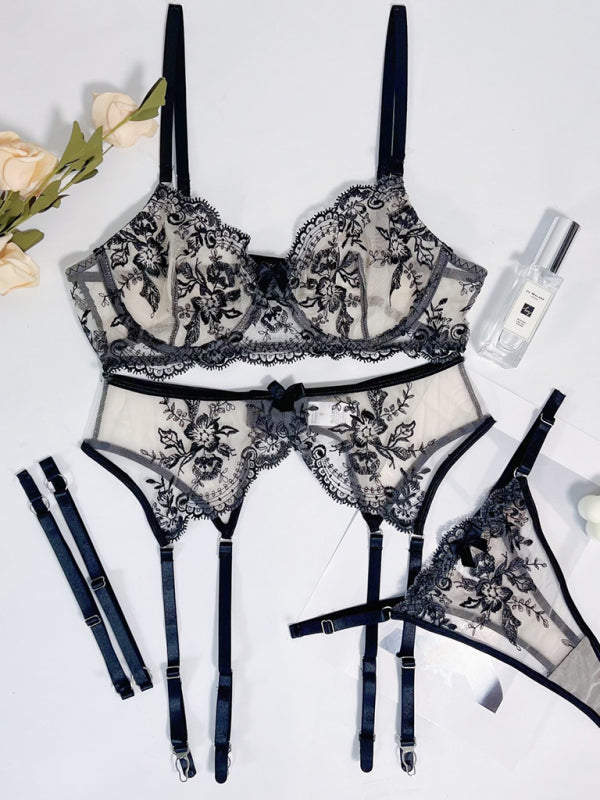 Embroidered Sheer Lingerie Set with Belt – Sexy Hollow Design