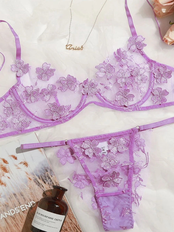 Mesh Flower Embroidered Lingerie Set – Sheer Bra & Panty Duo in Multiple Colors