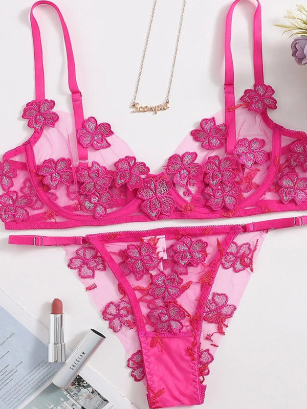 Mesh Flower Embroidered Lingerie Set – Sheer Bra & Panty Duo in Multiple Colors
