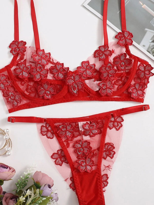 Mesh Flower Embroidered Lingerie Set – Sheer Bra & Panty Duo in Multiple Colors