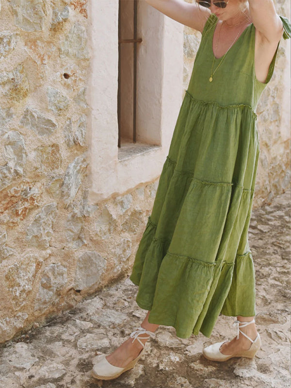 Sleeveless Cotton & Linen A-Line Dress – Lightweight Solid Color Summer Style