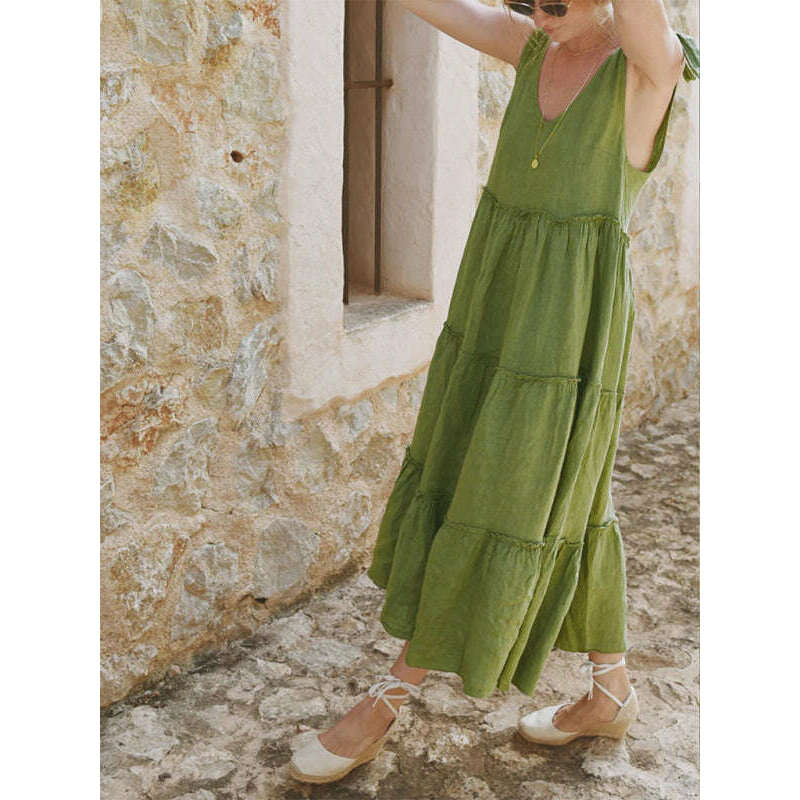 فستان قطني كتاني بدون أكمام بقصة على شكل حرف A – أنماط صيفية خفيفة بلون موحد ابتسامة ماريا - كل شيء للنساء 34651572