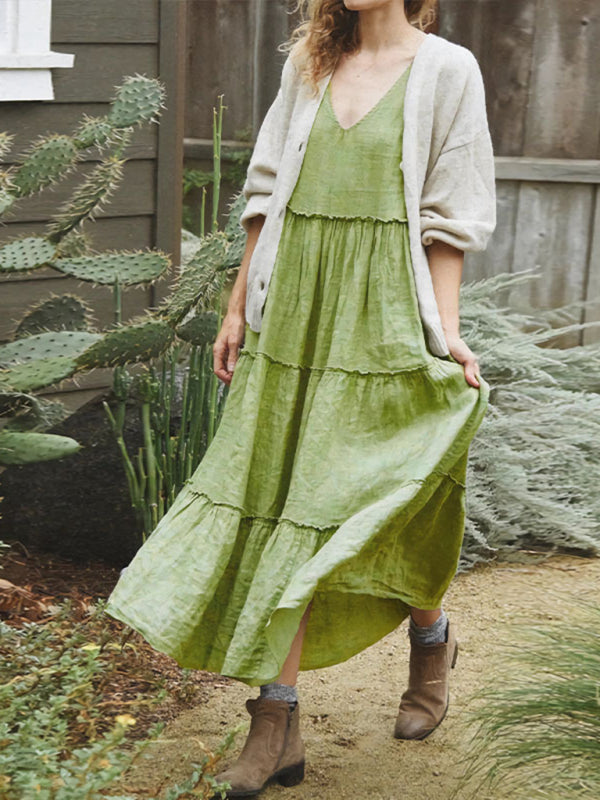Sleeveless Cotton & Linen A-Line Dress – Lightweight Solid Color Summer Style