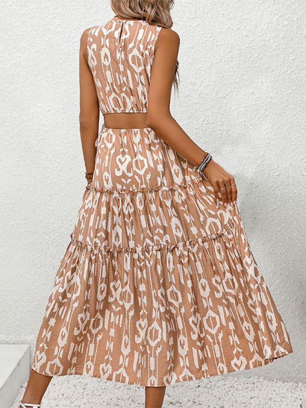 Sleeveless Printed Cotton Maxi Dress – Waist Cutout Detail in Brown