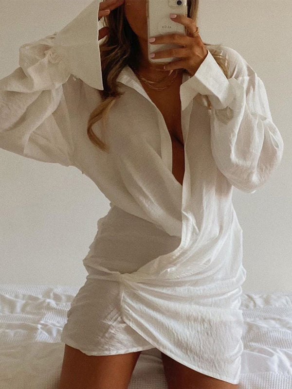 White Deep V Long Sleeve Mini Dress