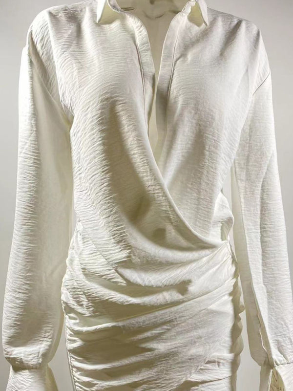 White Deep V Long Sleeve Mini Dress
