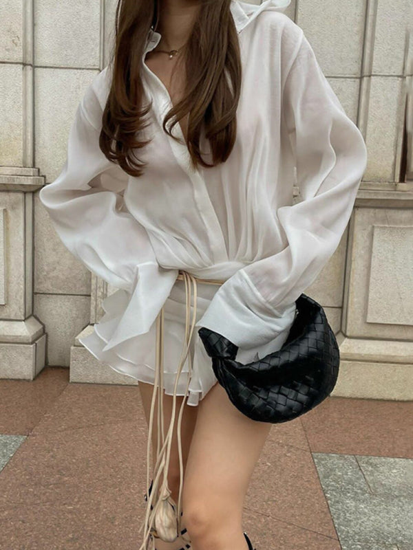 Ruffled V-neck Shirt Dress - Lightweight Woven Mini In White Or Black