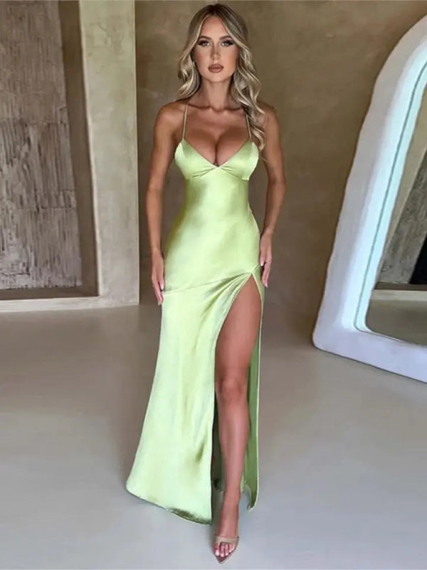 Satin V-Neck Backless Slit Maxi Dress