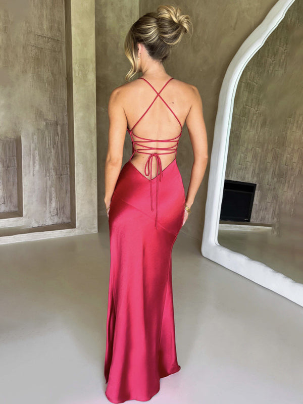 Satin V-Neck Backless Slit Maxi Dress