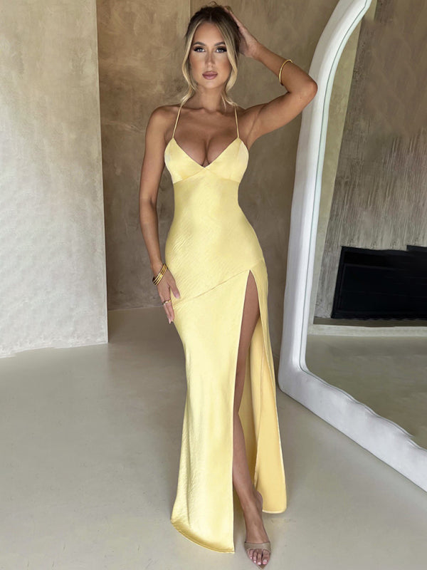 Satin V-Neck Backless Slit Maxi Dress