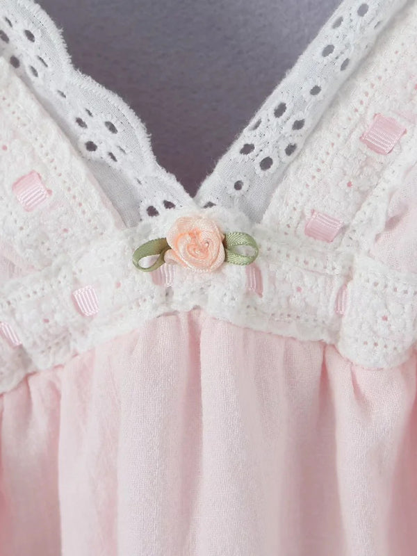 Romantic Pink Lace V-Neck Suspender Mini Dress – Cotton Blend, Spring Style