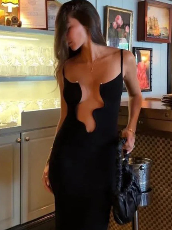 Wavy Irregular Hem Suspender Dress – Sexy Knit Fit for Beach & Resort Black