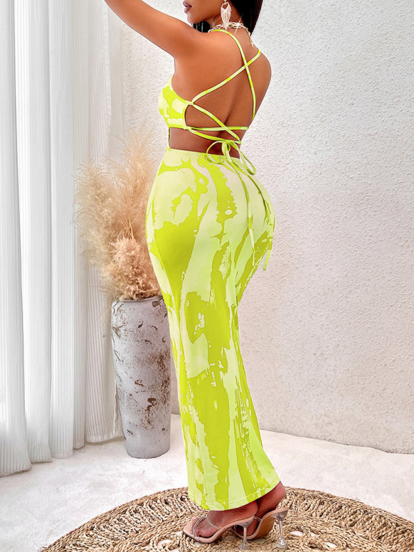 Sexy Printed Suspender Maxi Dress – Spring Summer Knit with Stretch