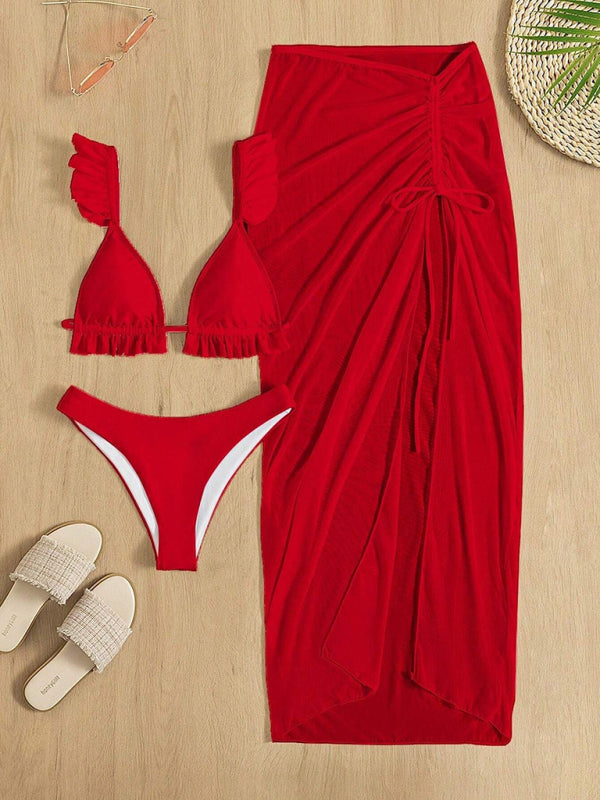 Sexy Backless Three-Piece Swimsuit Set with Hip Skirt – Red & Print Options