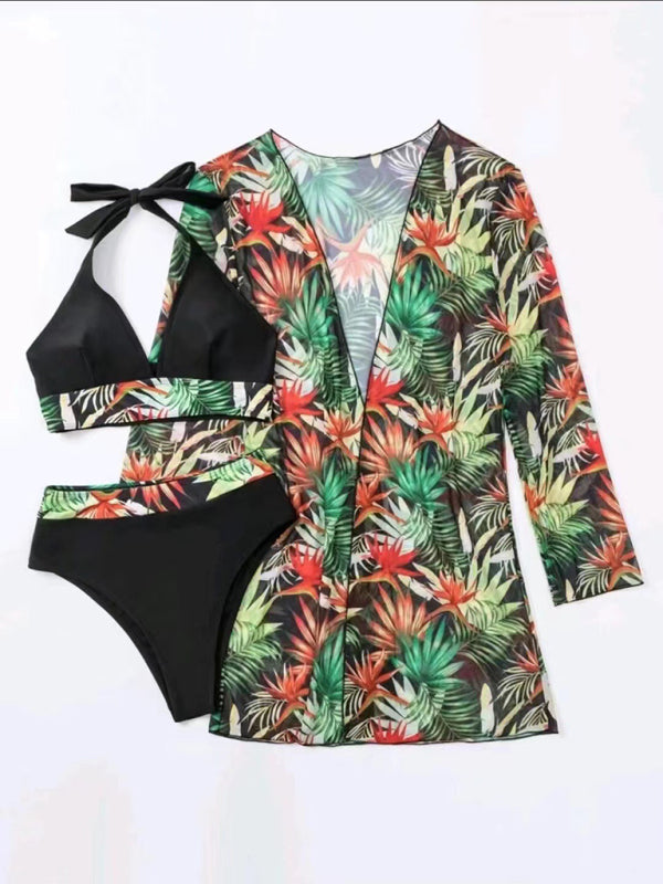 Printed Mesh Bikini Three-Piece Set – Push-Up Top & Cover-Up Included