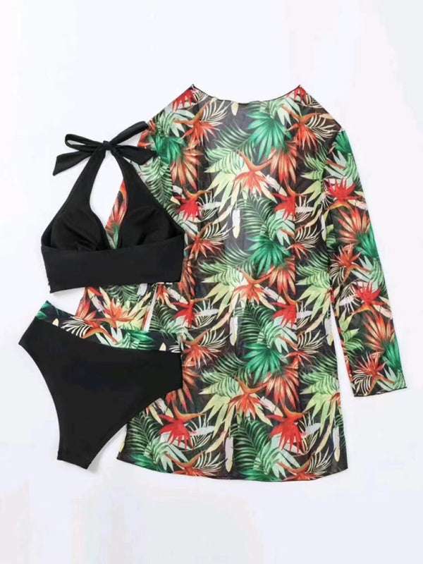 Printed Mesh Bikini Three-Piece Set – Push-Up Top & Cover-Up Included