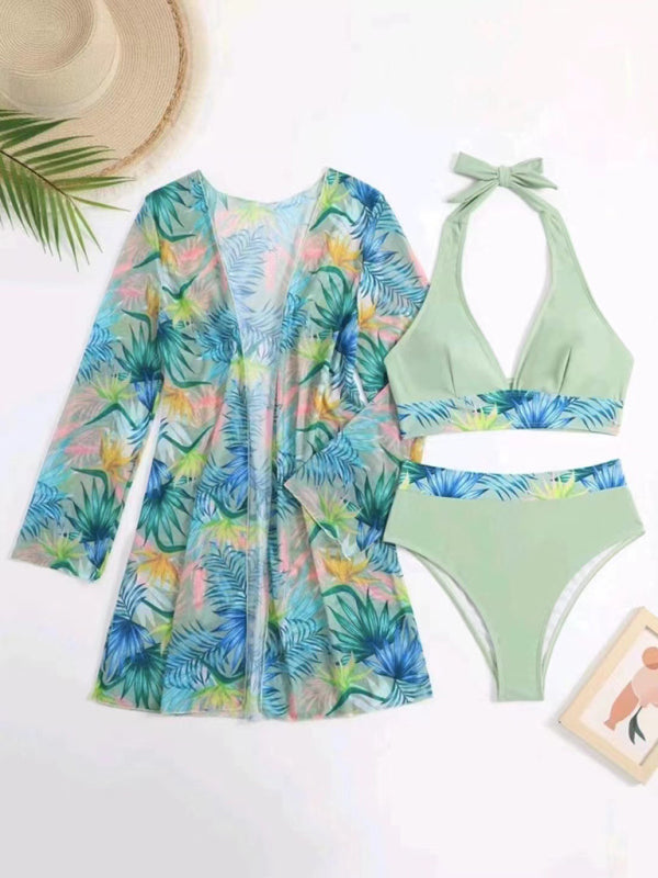 Printed Mesh Bikini Three-Piece Set – Push-Up Top & Cover-Up Included