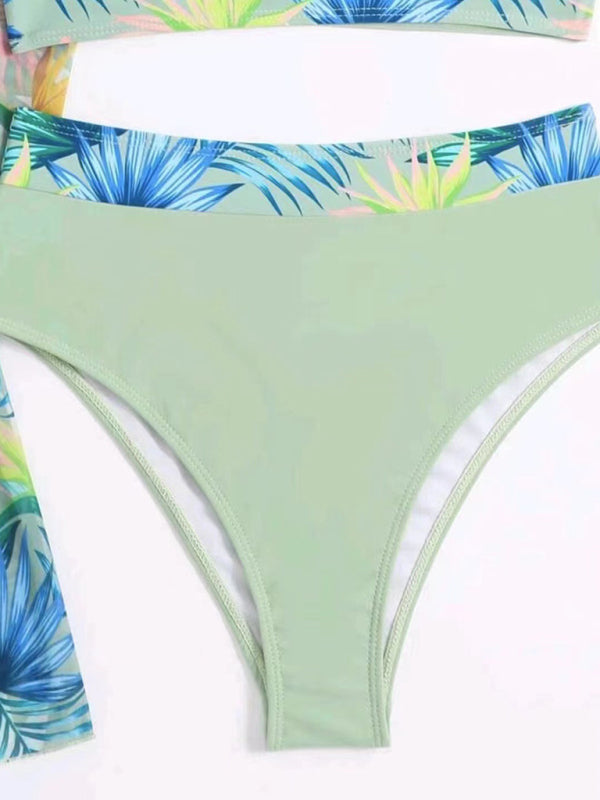 Printed Mesh Bikini Three-Piece Set – Push-Up Top & Cover-Up Included