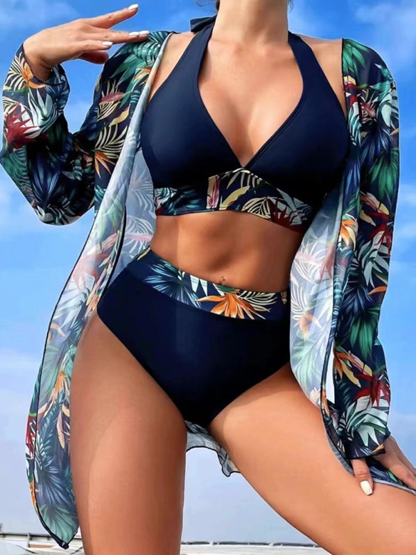 Printed Mesh Bikini Three-Piece Set – Push-Up Top & Cover-Up Included