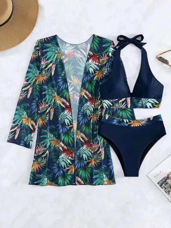 Printed Mesh Bikini Three-Piece Set – Push-Up Top & Cover-Up Included