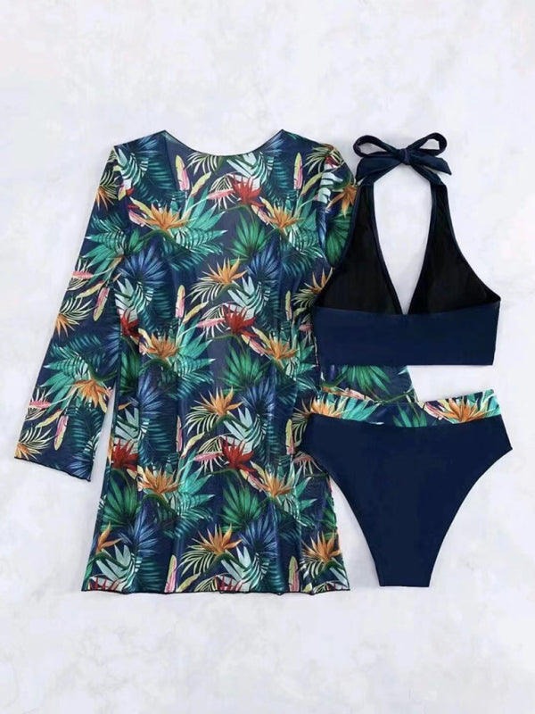 Printed Mesh Bikini Three-Piece Set – Push-Up Top & Cover-Up Included