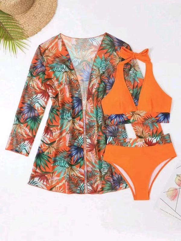 Printed Mesh Bikini Three-Piece Set – Push-Up Top & Cover-Up Included