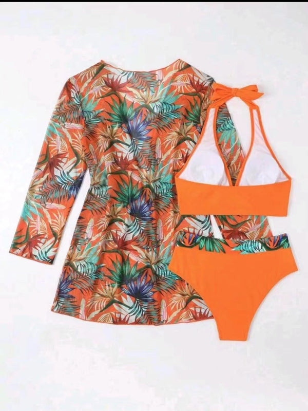 Printed Mesh Bikini Three-Piece Set – Push-Up Top & Cover-Up Included