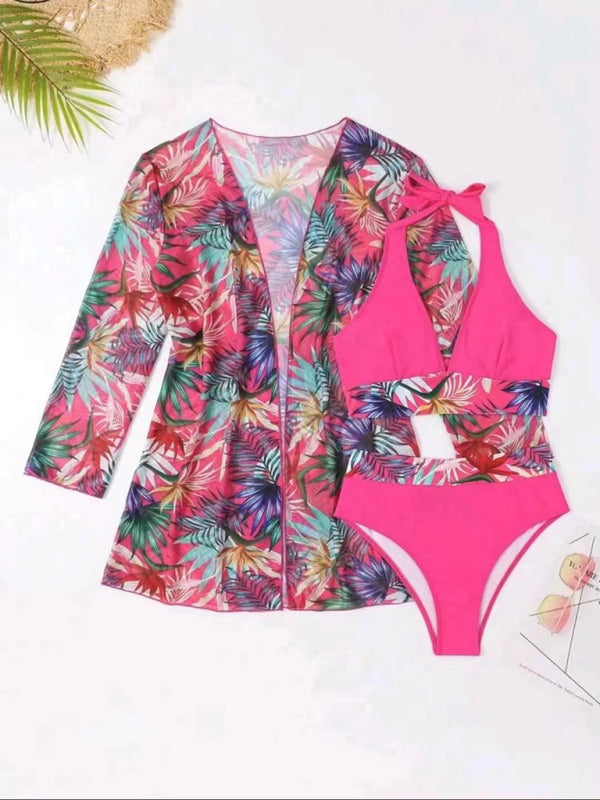 Printed Mesh Bikini Three-Piece Set – Push-Up Top & Cover-Up Included