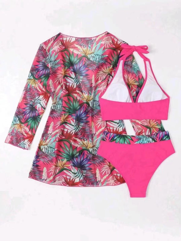 Printed Mesh Bikini Three-Piece Set – Push-Up Top & Cover-Up Included
