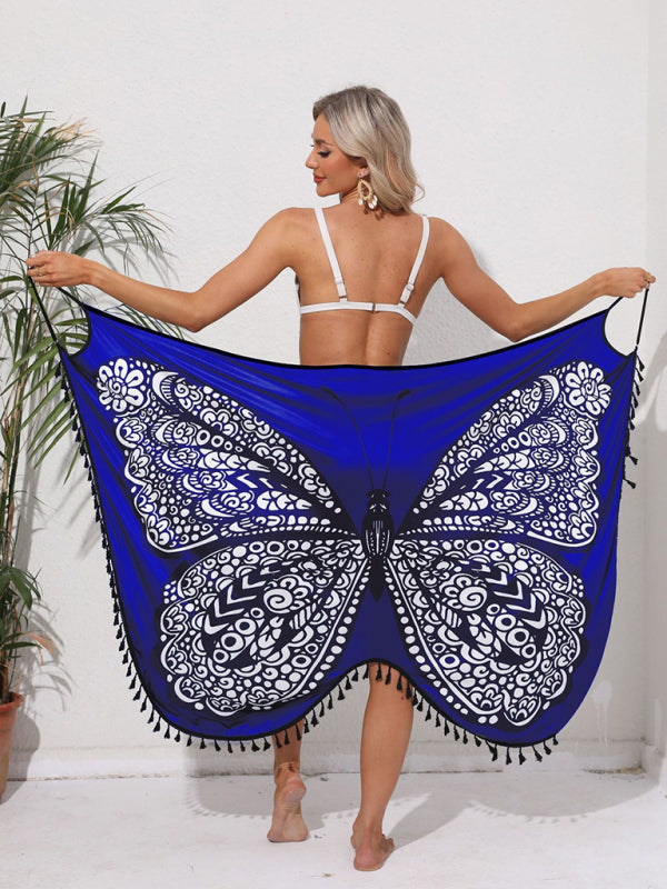 Butterfly Print Strappy Backless Dress – Lightweight Knit Beach Cover-Up