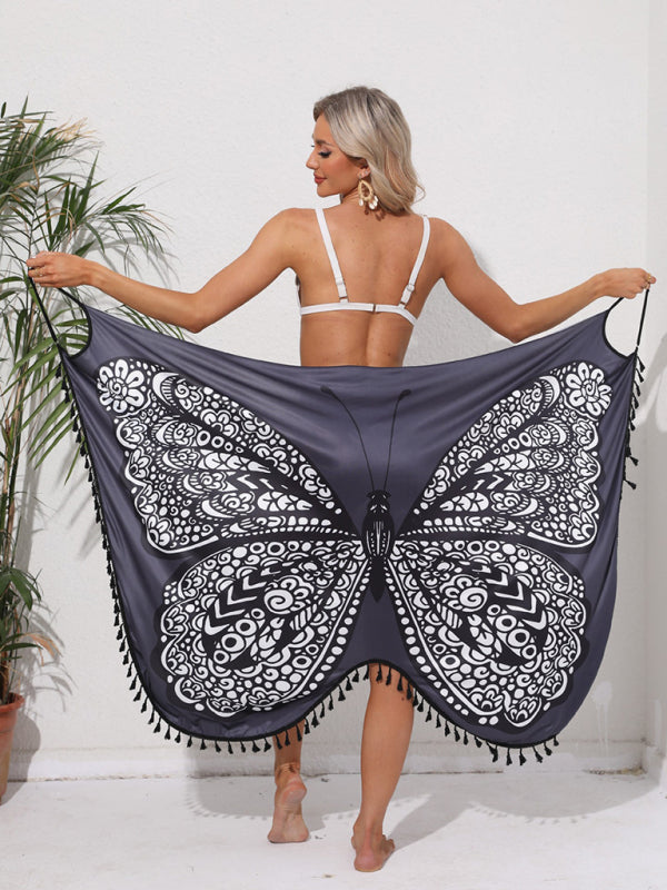 Butterfly Print Strappy Backless Dress – Lightweight Knit Beach Cover-Up