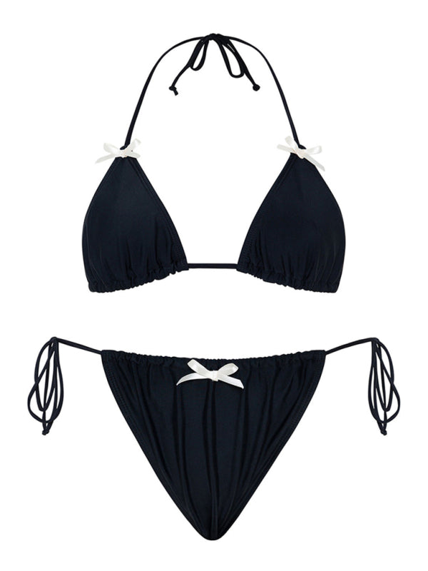 Solid Color Bow Tie Bikini Set – Moderate Stretch, Knit Fabric, Sexy Fit