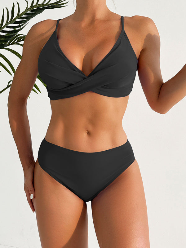 Solid Color Cross-Strap Bikini Set – Sexy Two-Piece Swimsuit with Moderate Stretch