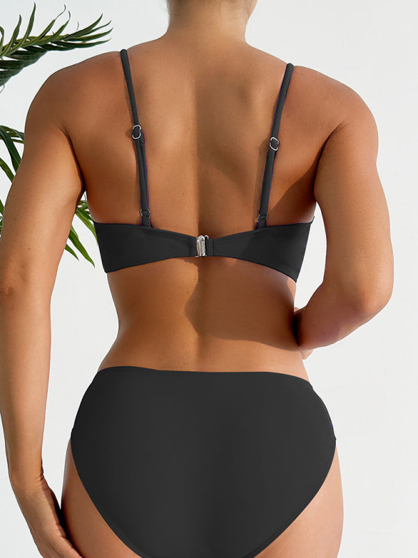 Solid Color Cross-Strap Bikini Set – Sexy Two-Piece Swimsuit with Moderate Stretch