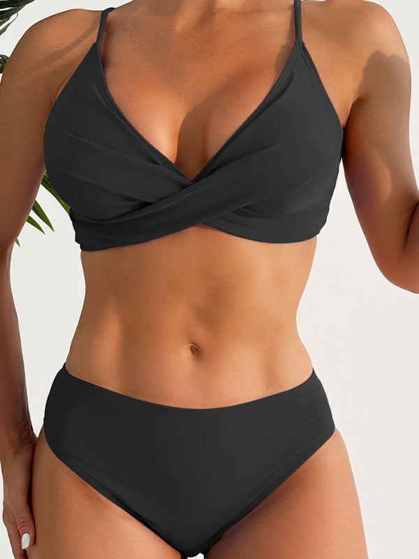 Solid Color Cross-Strap Bikini Set – Sexy Two-Piece Swimsuit with Moderate Stretch