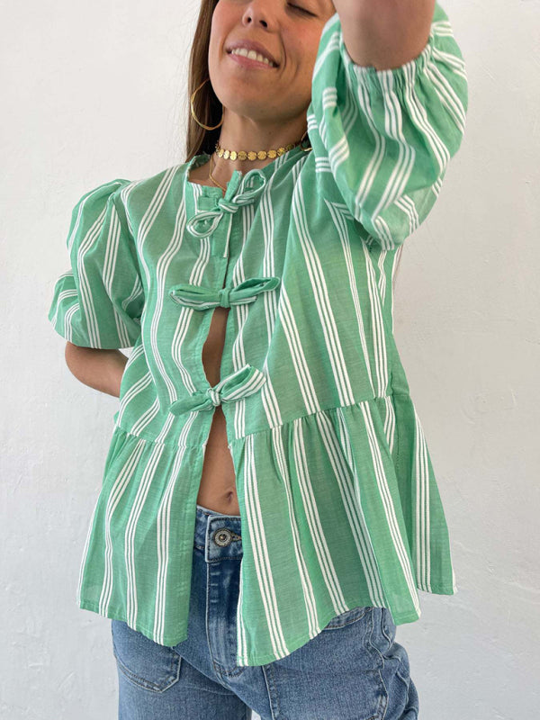 Striped Lace Patchwork Mid-Sleeve Shirt Green