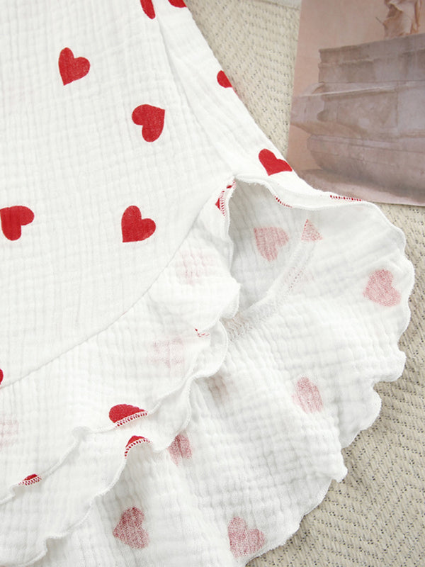 Romantic Cotton Three-Piece Pajama Set – Tube Top, Shirt & Shorts with Heart Print