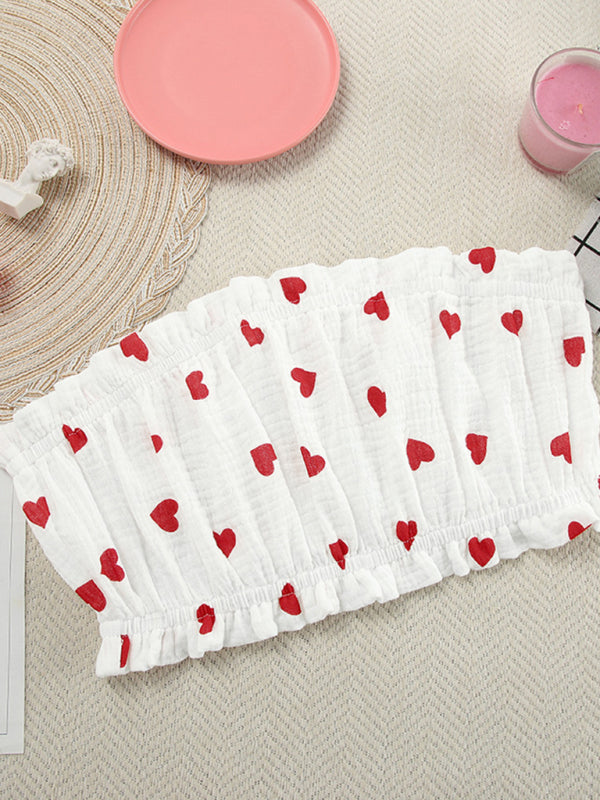 Romantic Cotton Three-Piece Pajama Set – Tube Top, Shirt & Shorts with Heart Print