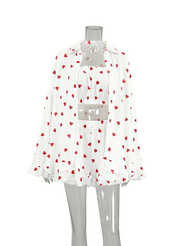 Romantic Cotton Three-Piece Pajama Set – Tube Top, Shirt & Shorts with Heart Print