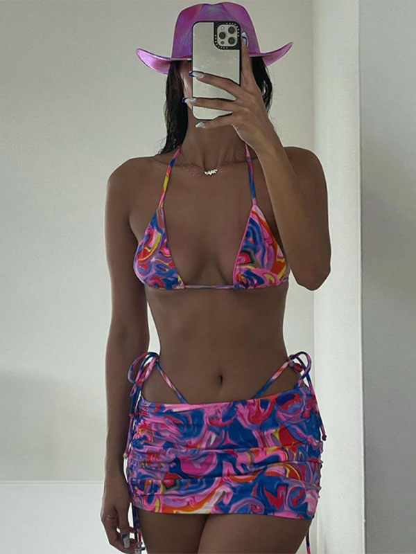 Sexy Bikini Set with Inner Vest & Butt-Covering Skirt – Full Print Swimwear