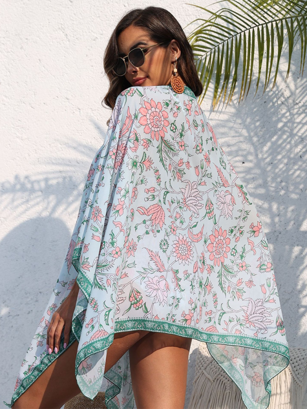 Resort Floral Print Swimsuit Shawl Cover-Up – Lightweight Boho Wrap