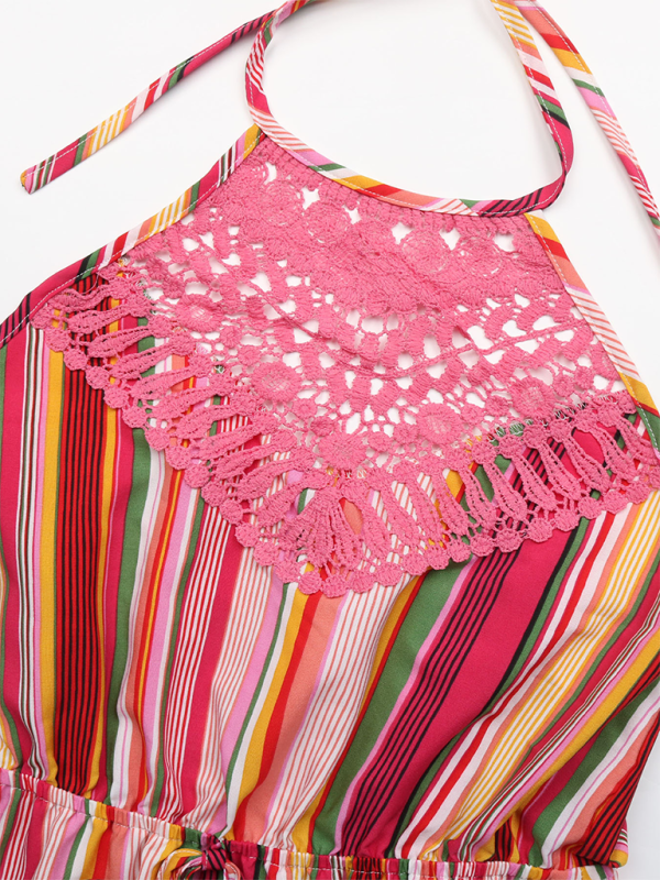 Striped Halterneck Boho Maxi Dress with Lace Splicing – Sleeveless Rose