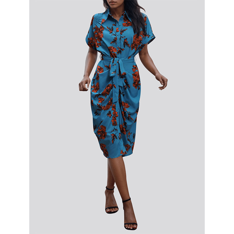 فستان قميص أنيق مزين بالدانتيل ومطبوع – خفيف الوزن لربيع وصيف متوسط الطول - ماريا المبتسمة --- كل شيء للنساء 34651344