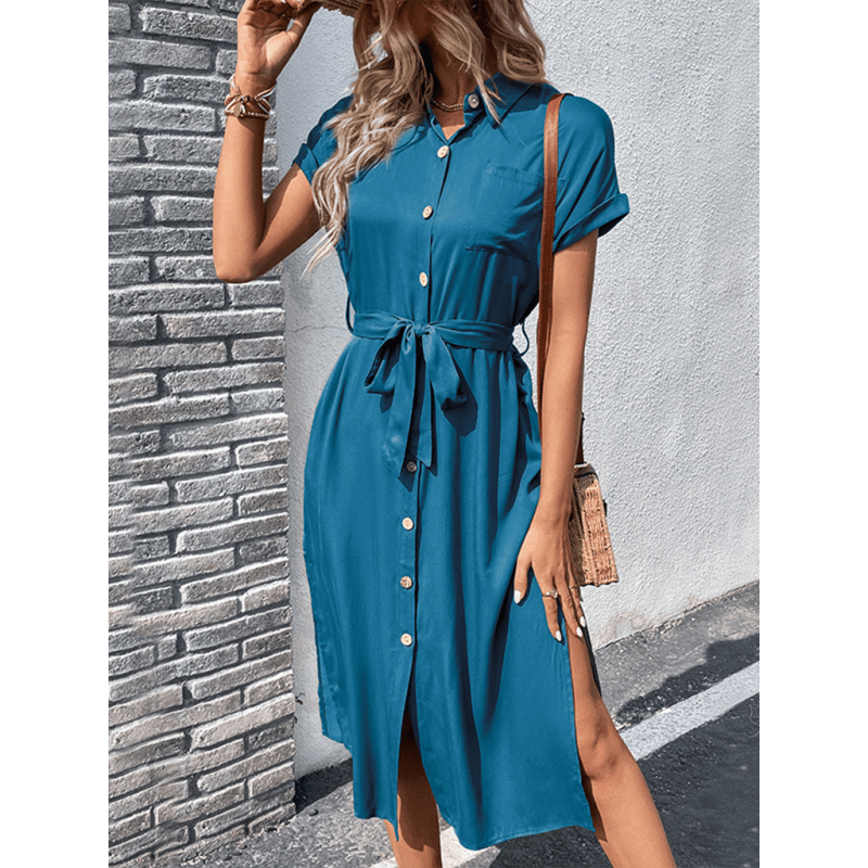 فستان ميدي بألوان صلبة وفتحة جانبية – أقمشة رايون خفيفة لربيع وصيف ماريا المبتسمة - كل شيء للنساء 34650491