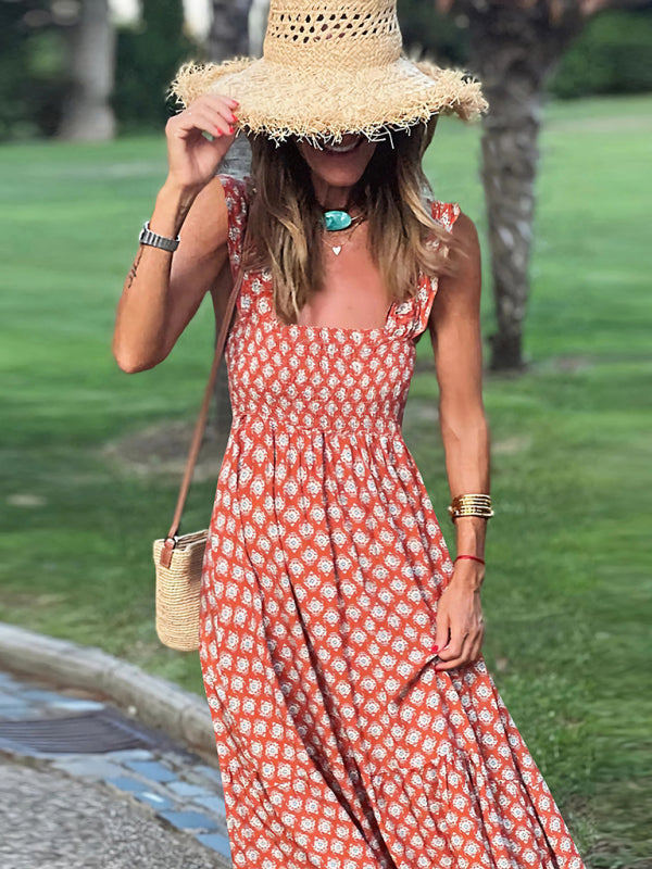 Elegant Floral Print Maxi Dress – Romantic Holiday Suspender Style